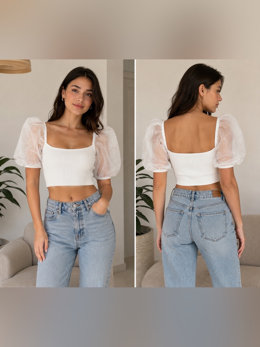 Zara White Ribbed Crop Top with Sheer Puff Sleeves